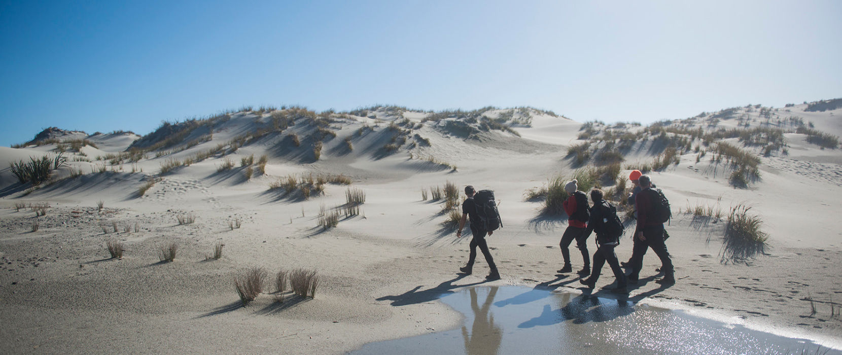 People walking across sand dunes