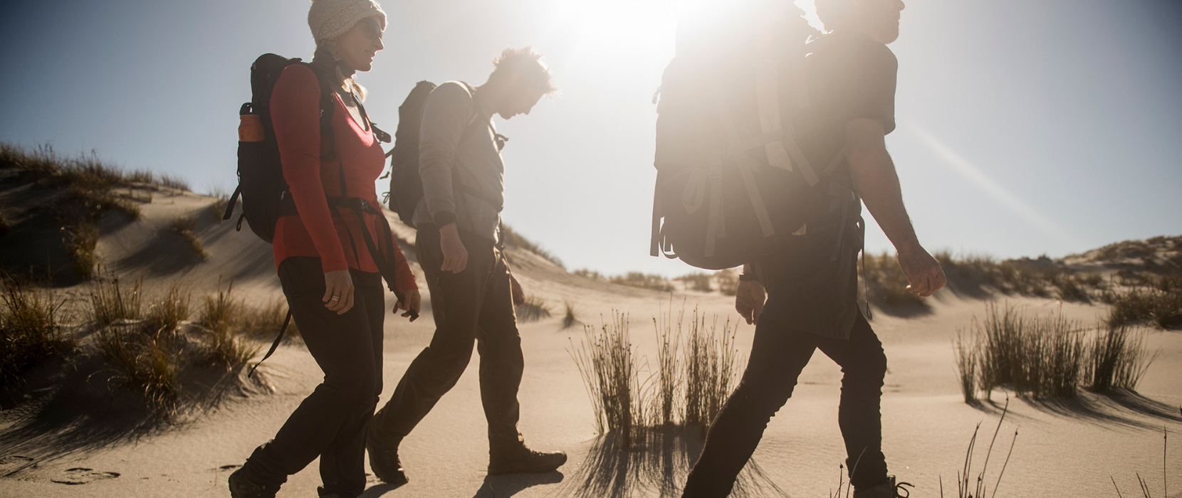 Group of people walking on sand dune