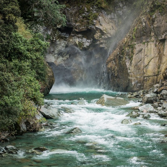 Pristine river with rapids in Hollyford