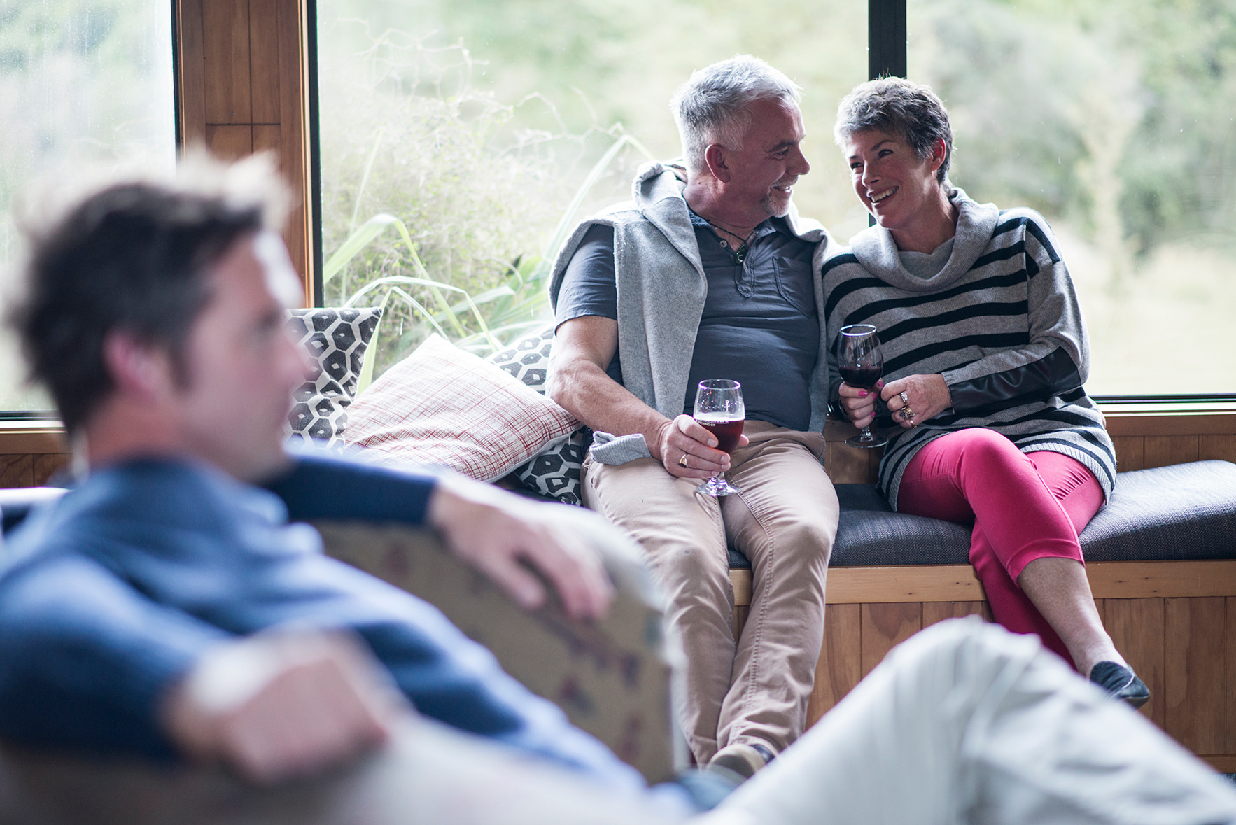 Couple talking in lodge